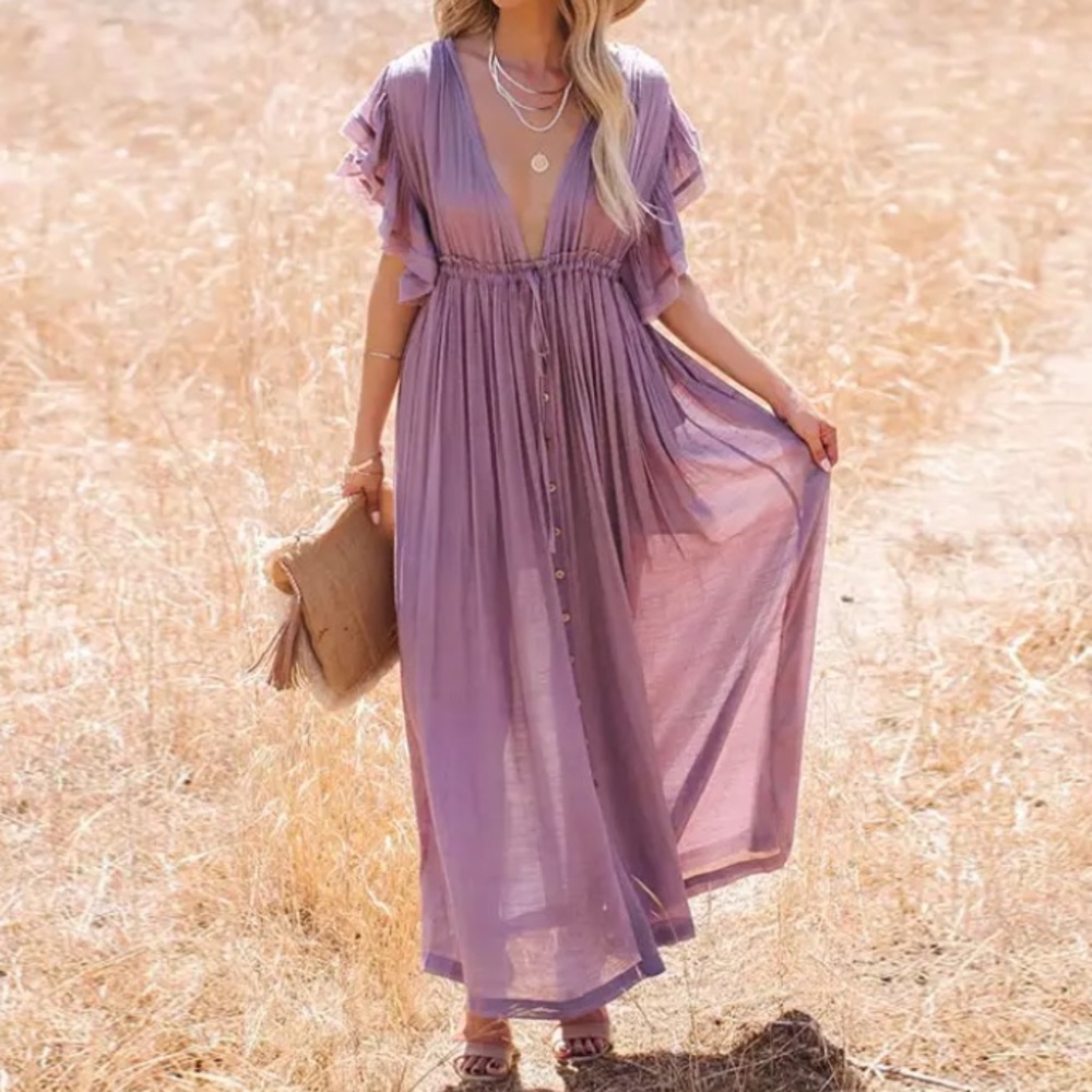 SOLD OUT Lavender Gauze Boho Button Maxi Dress - Picture 10 of 10